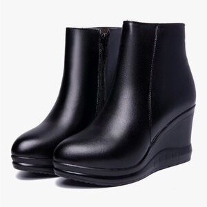 Women's Leather Platform Wedge Ankle Boots with Side Zipper